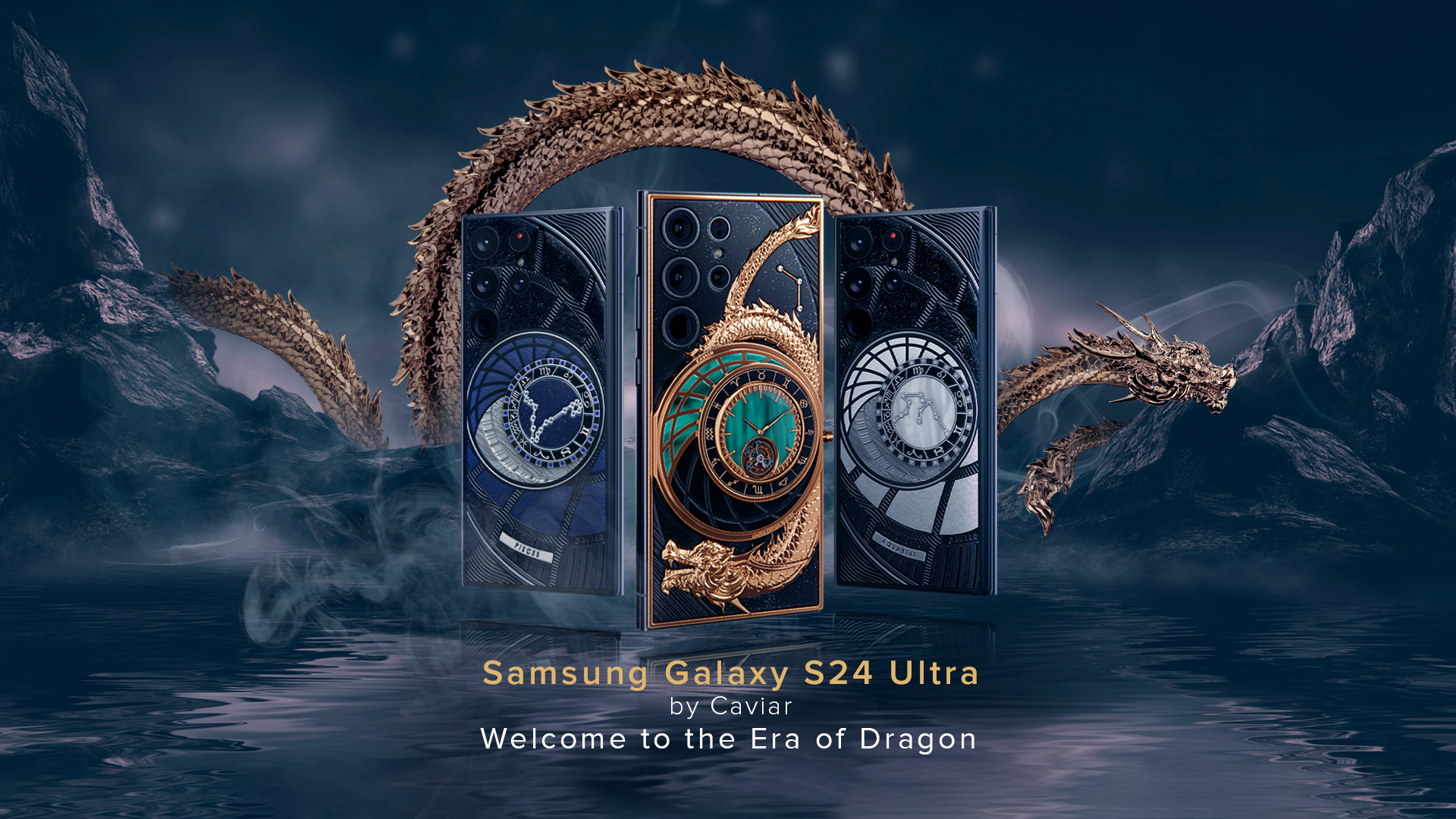 Caviar incrusted the world first custom Samsung S24 Ultra with a mechanical watch and 24K gold dragon
