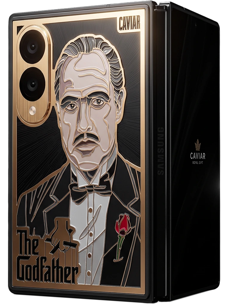 Samsung Galaxy Z Fold 8 с эмалевым портретом Дона Вито Корлеоне и надписью The Godfather