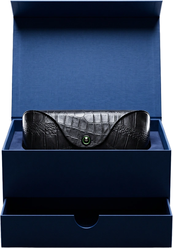 Blue Caviar gift box with an alligator leather case inside and a pull-out drawer
