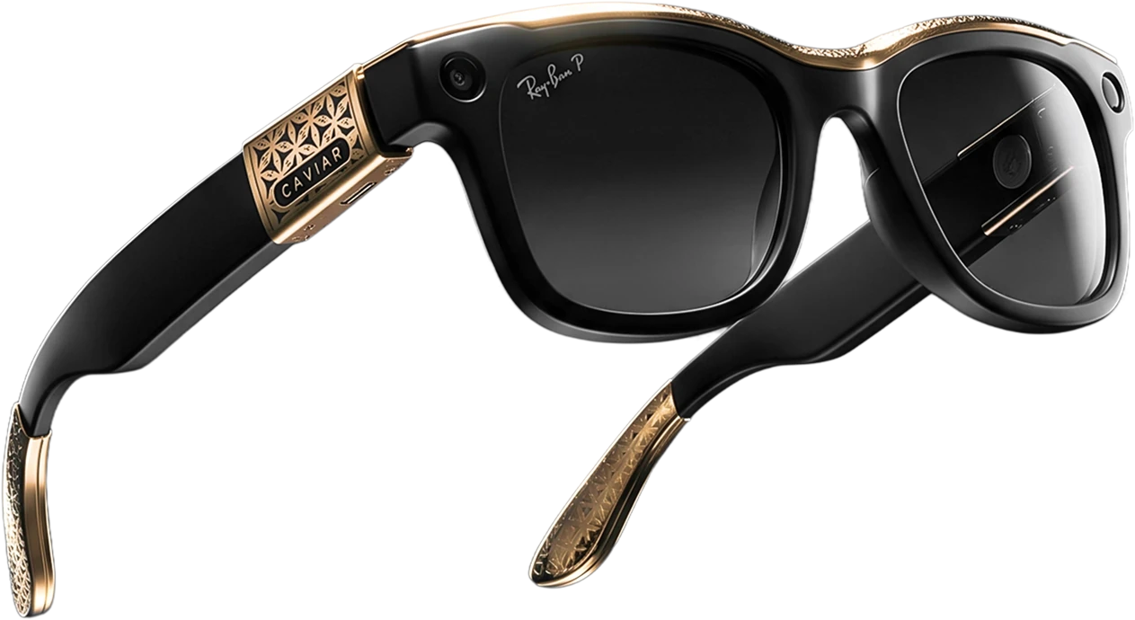 Caviar-crafted Ray-Ban smart glasses: a black frame with gold accents, an engraved Caviar plaque on the temple, and ornamental detailing along the arms